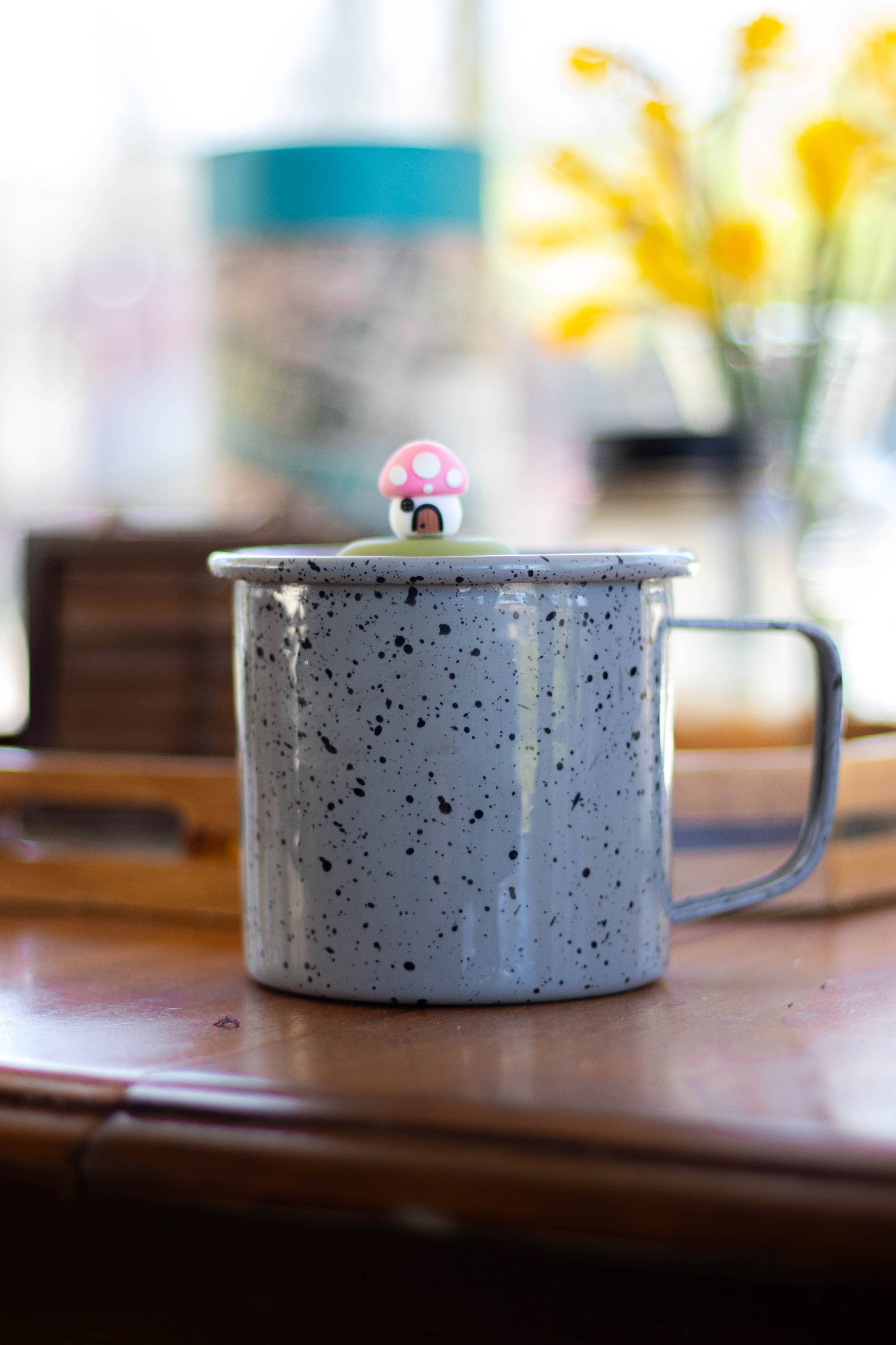 Charming Pink Mushroom Cottage Tea Steeper with silicone cap and fine mesh. Perfect for hot or iced tea, reusable, giftable, and designed with heart.