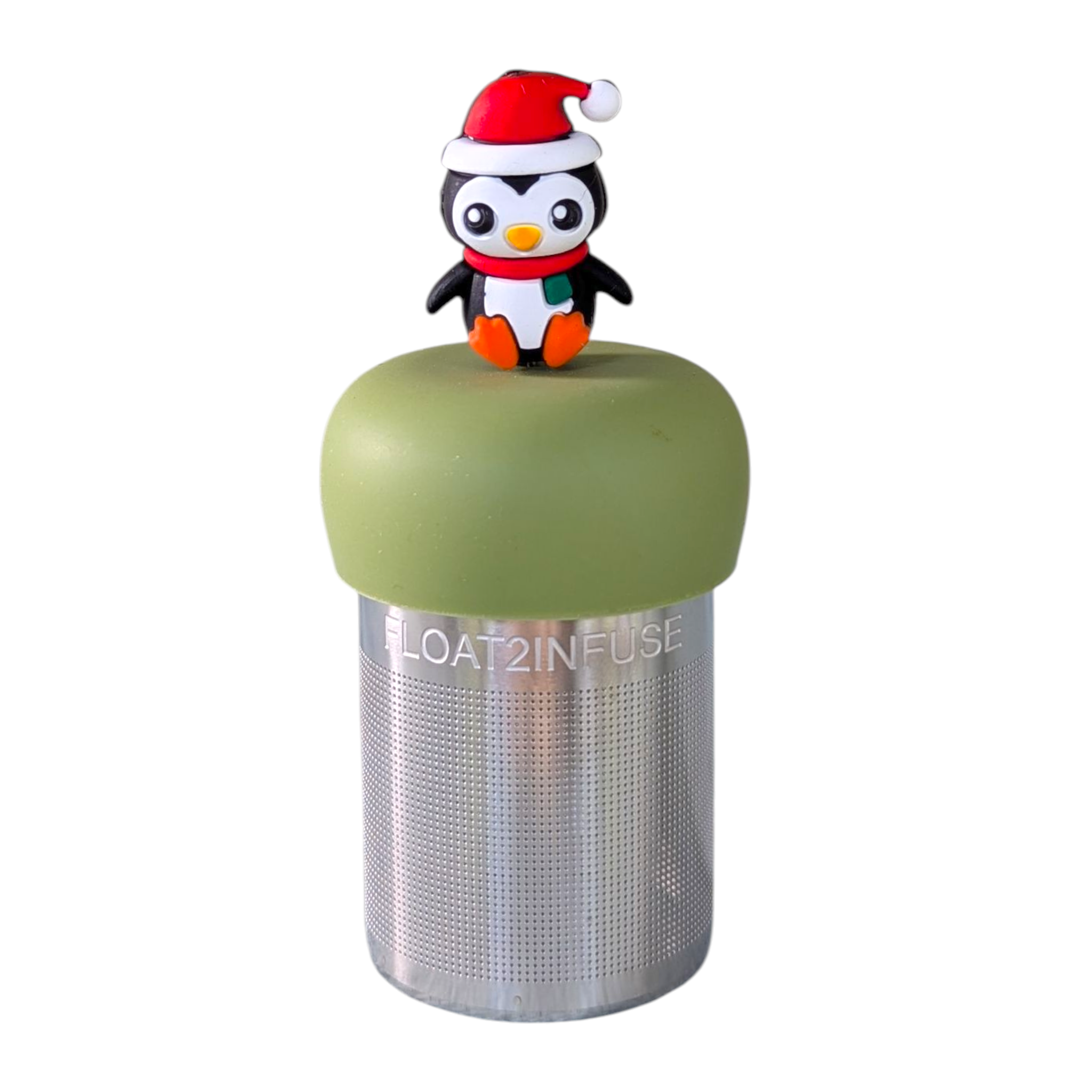 Christmas Penguin Tea Steeper with silicone cap and fine mesh. Perfect for hot or iced tea, reusable, giftable, and designed with heart.