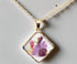 Handcrafted square pendant necklace with real pressed dried flowers in clear resin. Unique botanical jewelry with stainless steel chain and copper frame.
