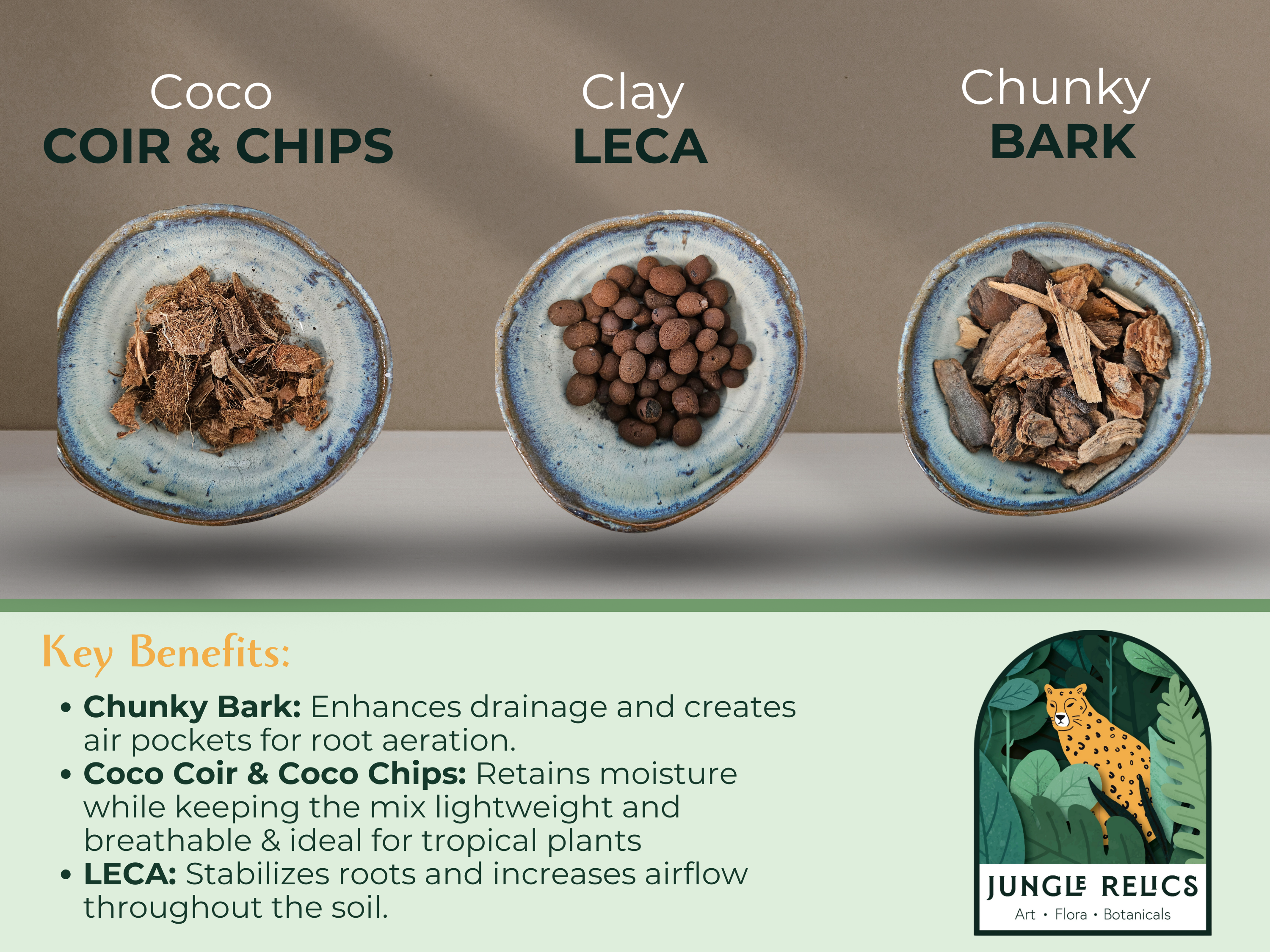 Shop Jungle Gold premium ingredient bags for tropical plants! Choose from Chunky Bark, Coco Coir, LECA, Perlite, Coco Chips, Horticultural Charcoal, or Worm Castings. Perfect for custom soil blends, improving drainage, boosting airflow, and supporting healthy roots. Eco-friendly, hand-packed in Idaho!