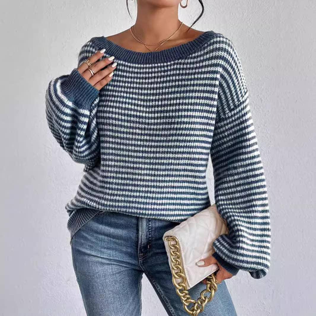 Cozy colorblocked striped one-shoulder knit sweater with relaxed fit and soft fabric. Wear off-shoulder or boat neck. Perfect for fall layering with denim or skirts.