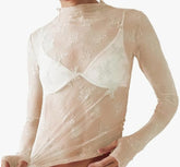 Elegant sheer mesh lace top with floral embroidery, mock neck & thumbhole sleeves. Perfect for layering or nights out. Romantic & versatile style.