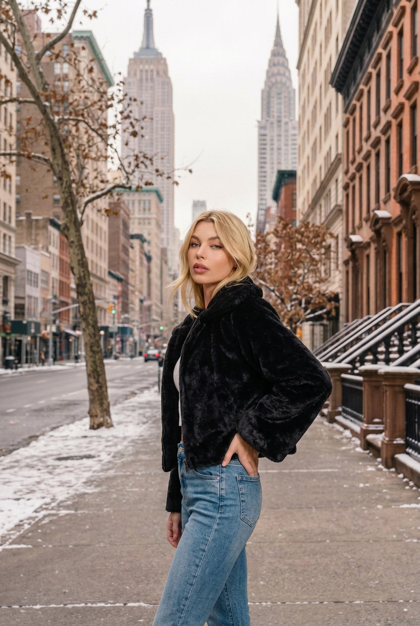Wrap yourself in cozy elegance with our cropped Faux Fur Jacket with pockets. A plush, versatile layer for everyday outfits, romantic evenings, and seasonal style.