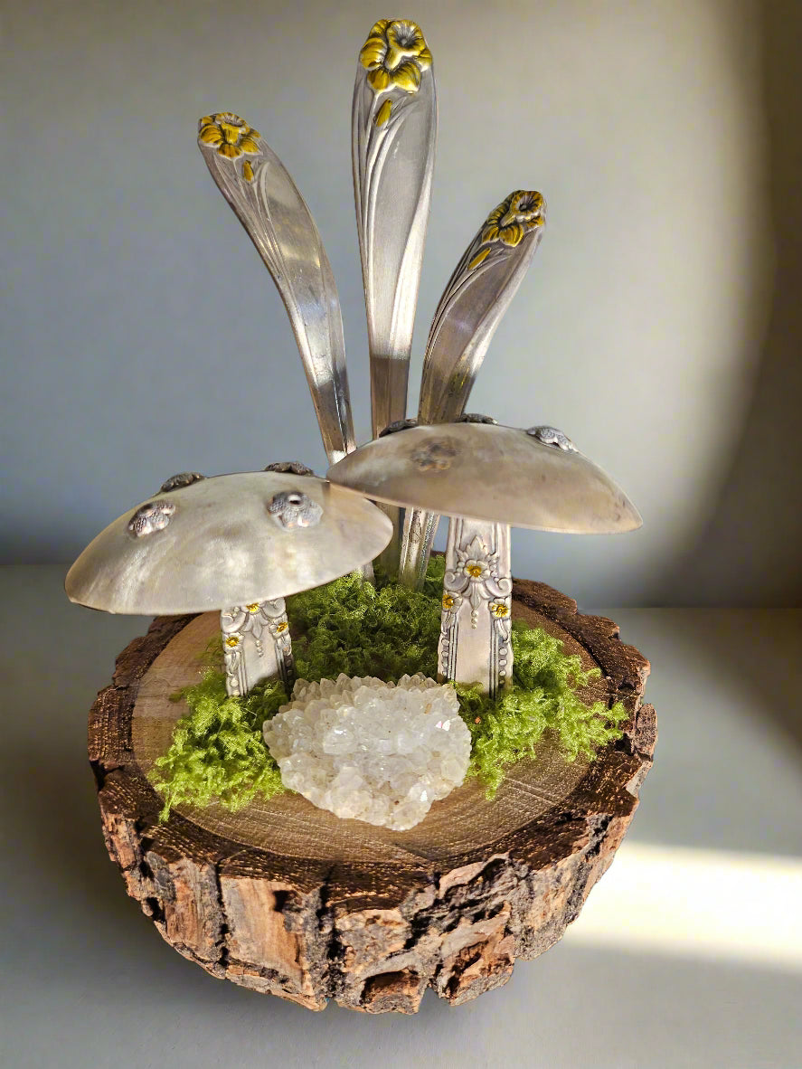 Handcrafted frog sculpture from vintage silverware, set on walnut wood with moss and crystals. A whimsical, one-of-a-kind piece for home or garden décor.