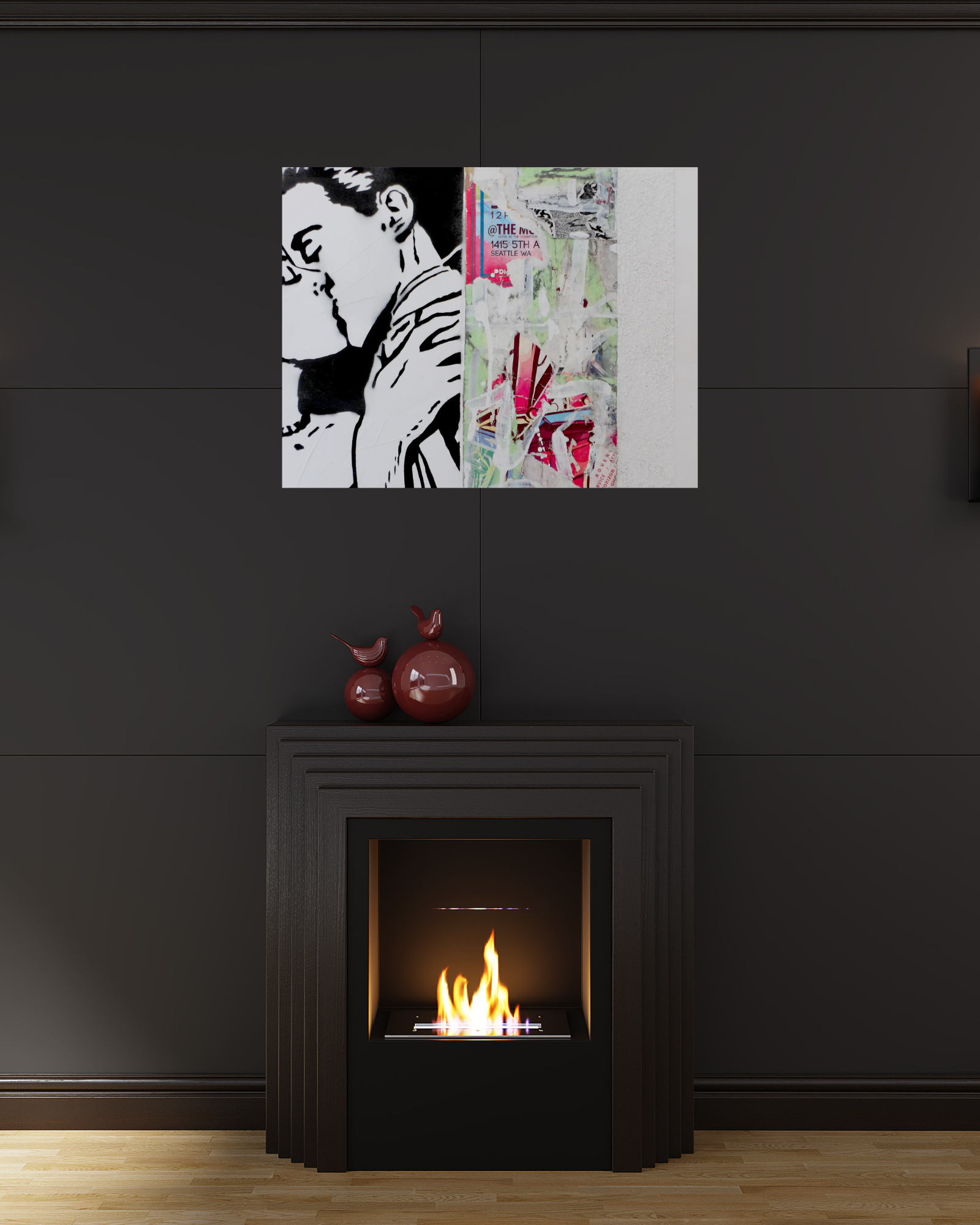 Deconstruction 1 is a 14"x18" mixed media artwork combining bold stenciled imagery of a couple with chaotic layers of torn posters and abstract textures. This striking piece explores human connection amid urban decay, perfect for modern art lovers. Pair with a Rubber Plant for a balanced, contemporary aesthetic.