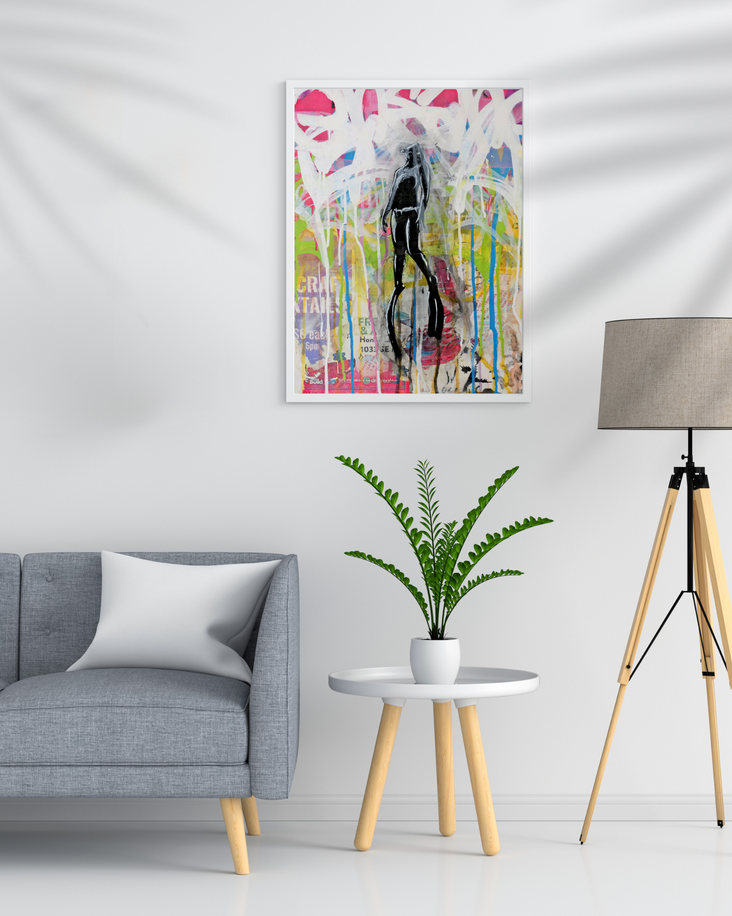 Depths is a 14"x18" mixed media artwork blending street art and surrealism. Featuring a bold black figure against a vibrant backdrop of graffiti and abstract colors, it symbolizes a journey through inner and external worlds. Perfect for urban art lovers, this piece pairs beautifully with the mysterious ZZ Raven Plant.