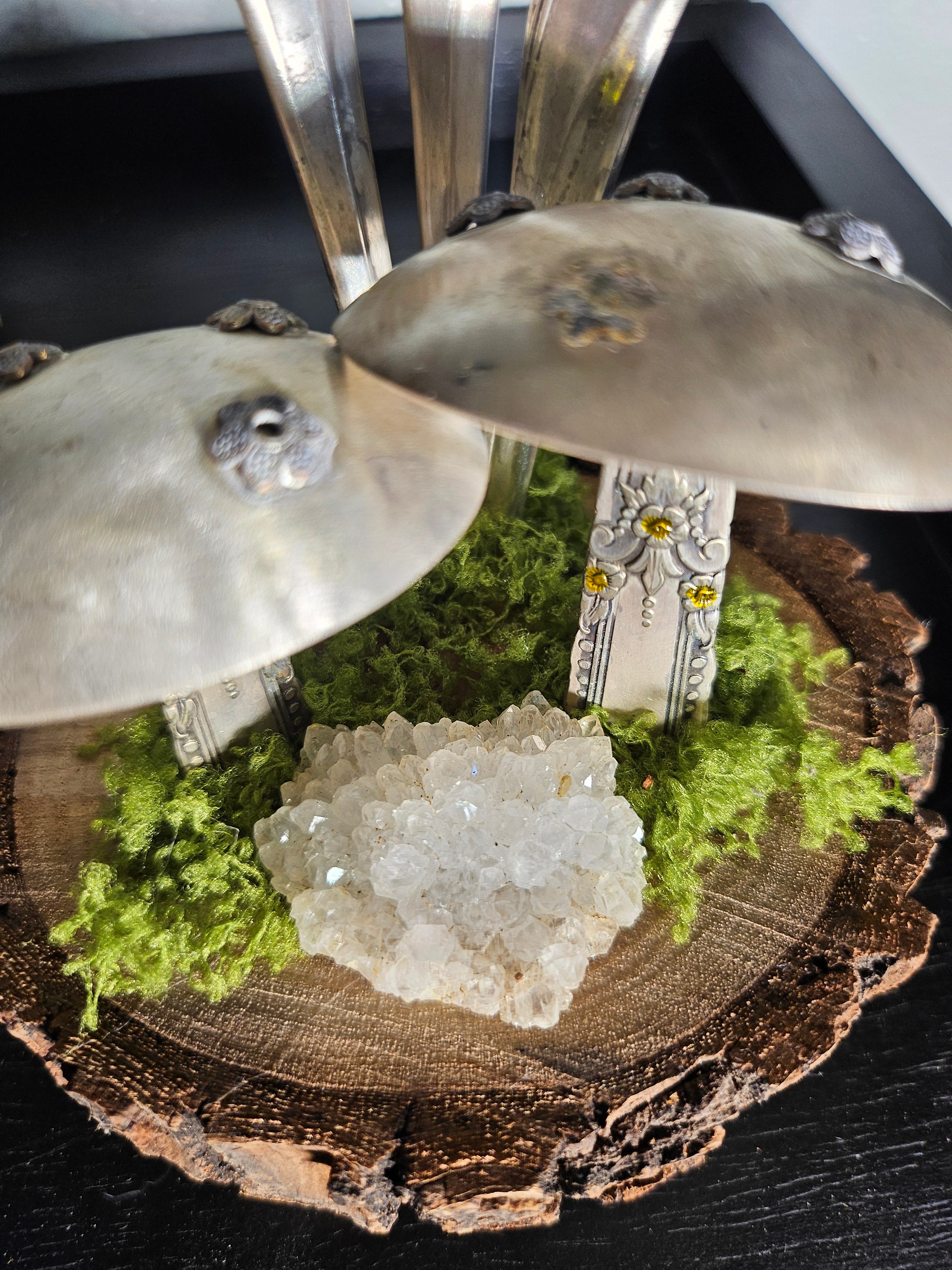 Handcrafted frog sculpture from vintage silverware, set on walnut wood with moss and crystals. A whimsical, one-of-a-kind piece for home or garden décor.