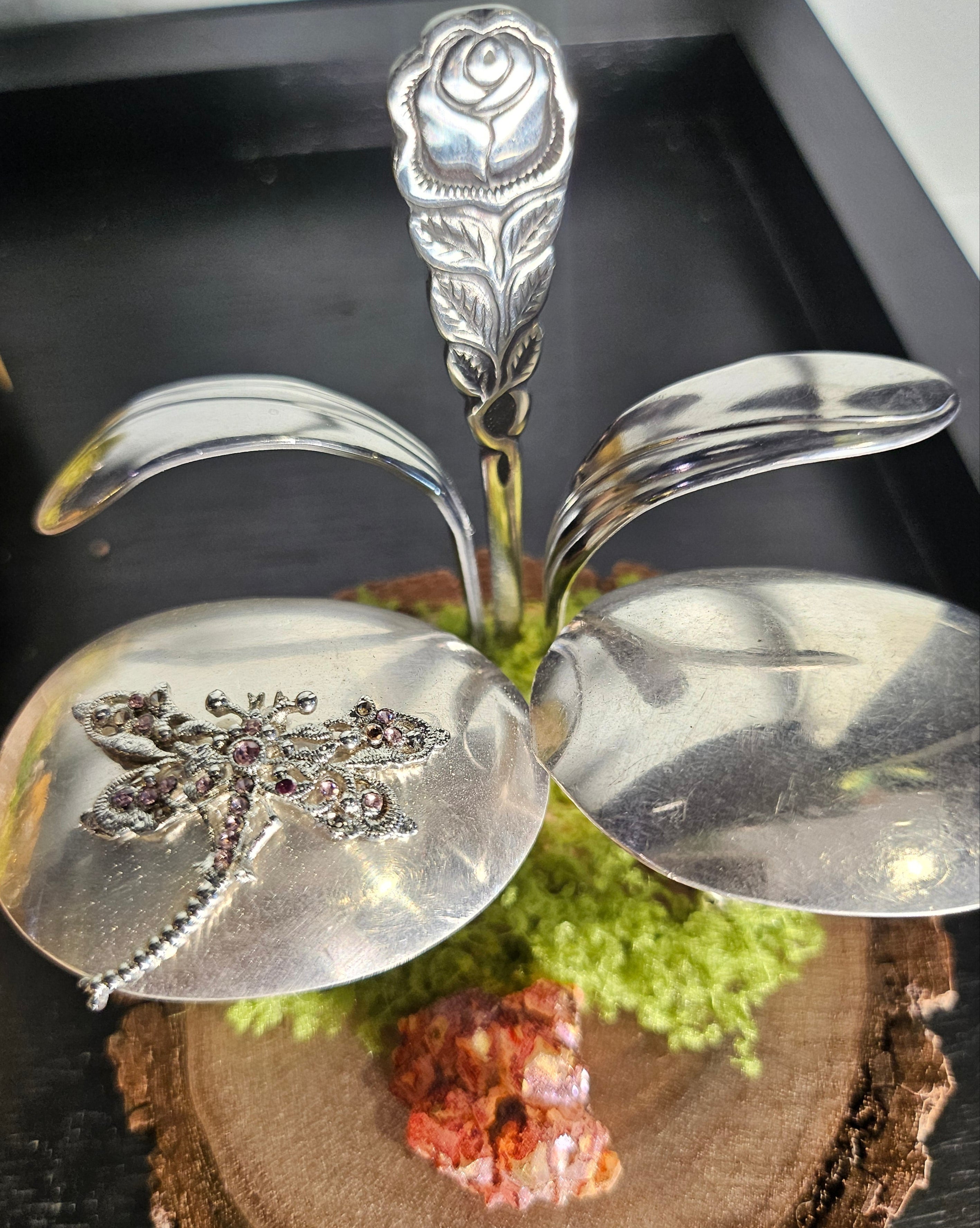 Handcrafted frog sculpture from vintage silverware, set on walnut wood with moss and crystals. A whimsical, one-of-a-kind piece for home or garden décor.