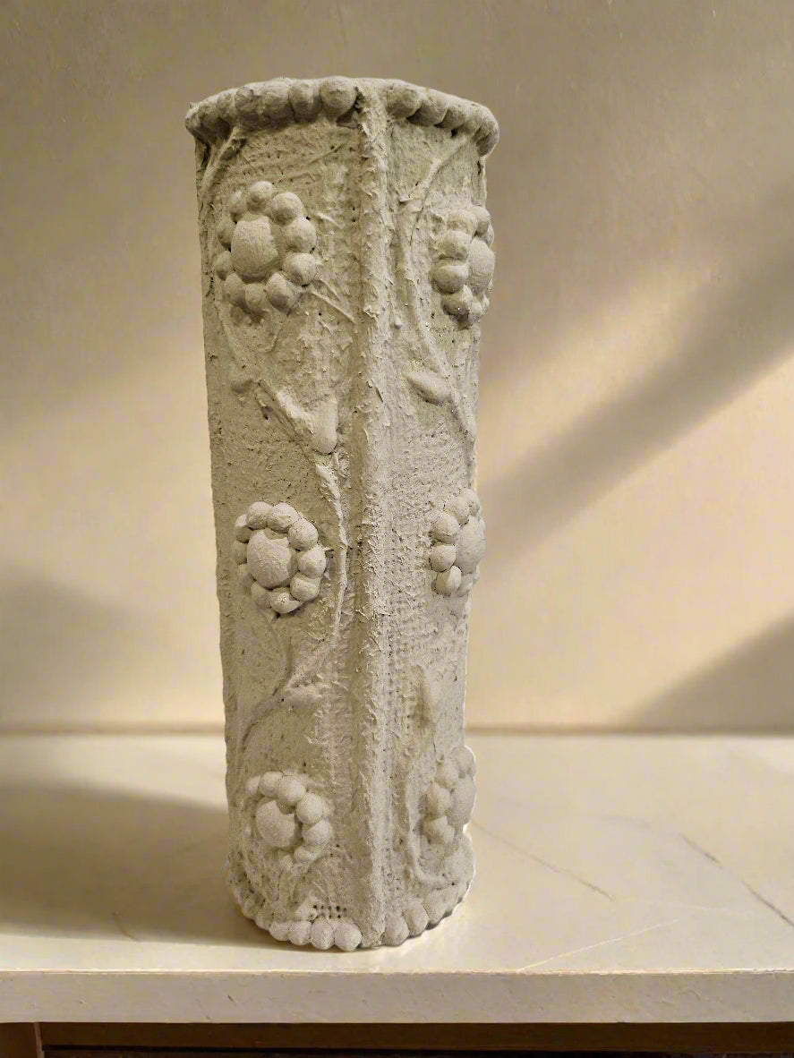 Elevate your space with this handcrafted upcycled glass Relics Small Cylinder Vase. Made from reclaimed materials, each piece is unique, eco-friendly, and artfully designed. Choose from Matte Grey, Matte Sand finishes. Watertight and perfect for fresh or dried blooms.
