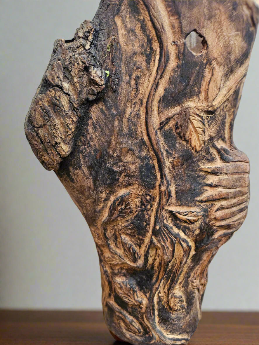 The Hand-Carved Dragonfly Outdoor Planter and Solar Light Wood Spirit in Solid Walnut (30" x 10"). 100% handmade, each piece is unique and perfect for home decor. The natural walnut grain and artisanal craftsmanship add rustic charm, making it a standout decorative piece for any space.