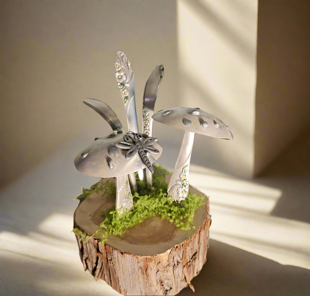 Handcrafted frog sculpture from vintage silverware, set on walnut wood with moss and crystals. A whimsical, one-of-a-kind piece for home or garden décor.