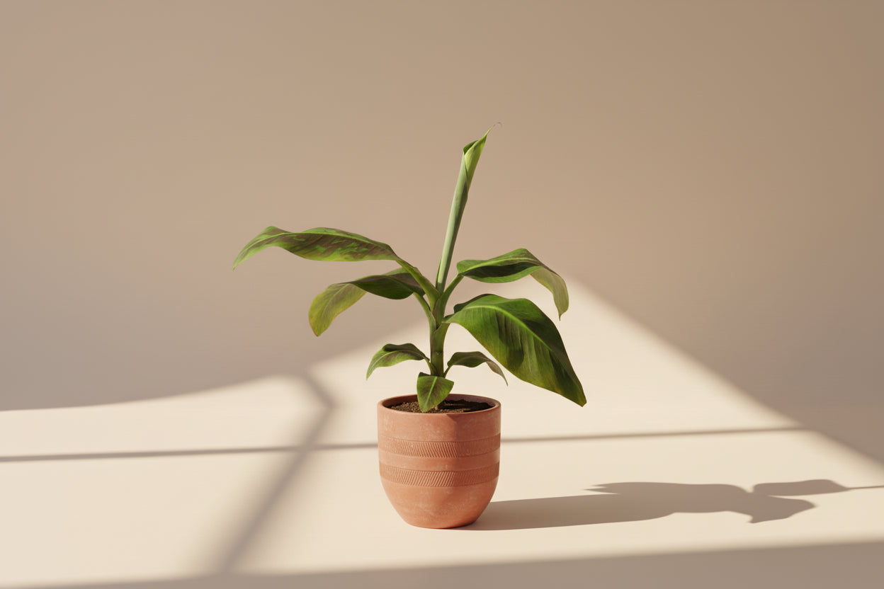 Dwarf Cavendish Banana plant with large tropical green leaves. Fast growing indoor banana tree perfect for bright light and lush jungle style home decor.