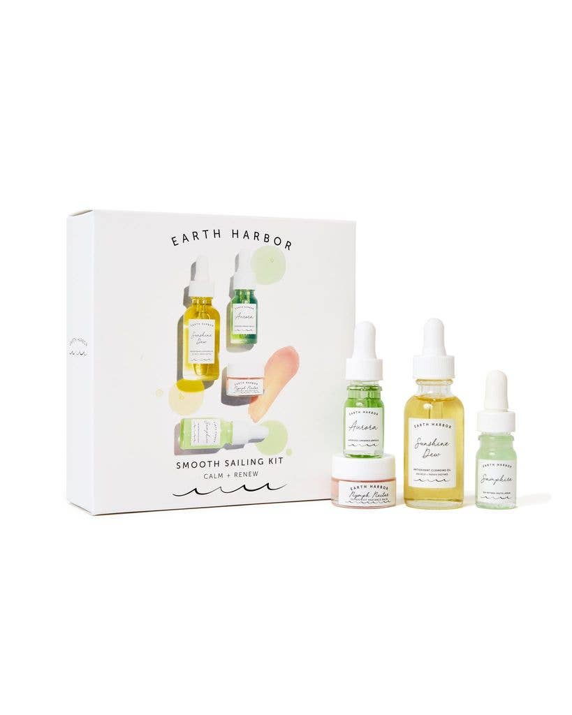 A soothing Earth Harbor mini skincare set featuring cleanser, serums, and repair balm to calm, hydrate, and renew stressed skin with customizable botanical rituals.
