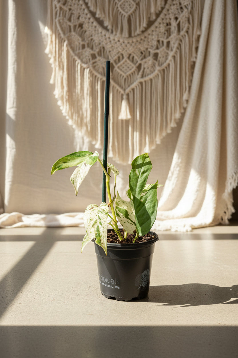Epipremnum ‘Marble Queen’ Variegated — rare fenestrated form with high-white and mint variegation. A unique collector sport with striking split leaves.