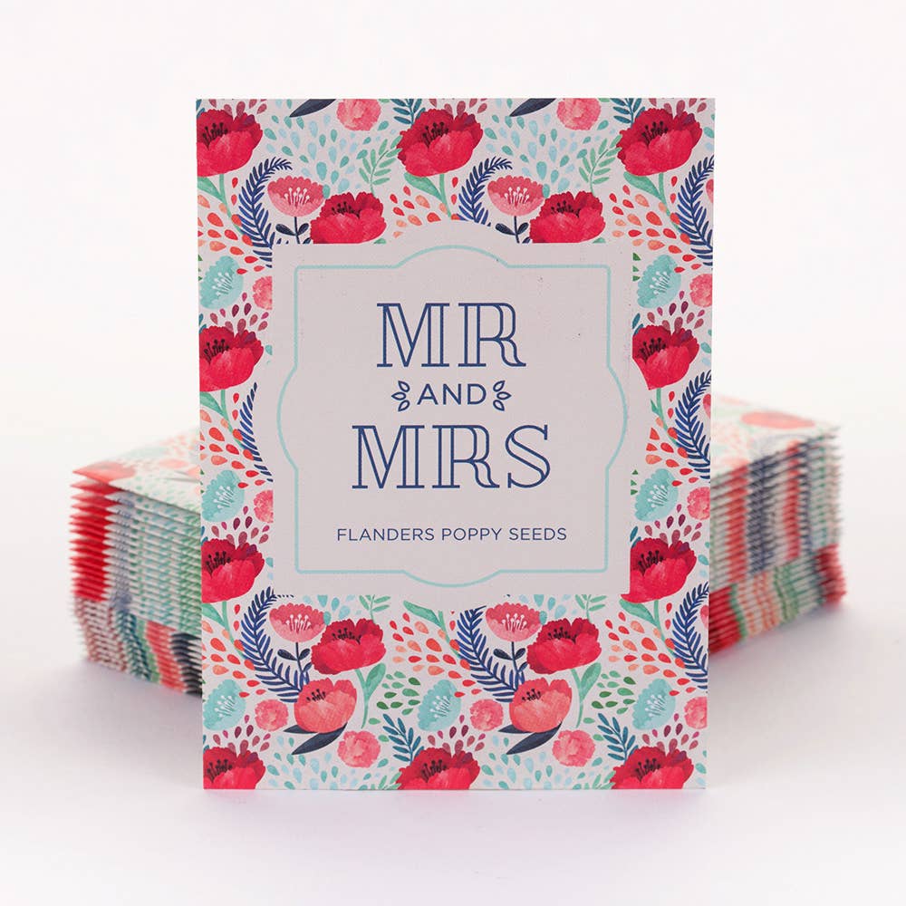 Love Grows Here — Flanders Poppy wedding seed favor packets with A1 envelopes. Romantic plantable favors that bloom into vibrant red poppies — perfect for weddings and garden gifts.