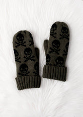 Olive skull patterned knit mittens with cozy fleece lining. Made from 100% acrylic for warmth and durability. Bold winter style pairs with matching hat.