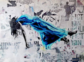 Float 5 is a 36"x48" mixed media artwork blending surrealism and street art. Featuring a figure floating mid-air in a blue gown against a gritty urban backdrop, it explores themes of escape and transcendence. Perfect for modern spaces, this visually striking piece adds depth and intrigue, pairing beautifully with a Palm.
