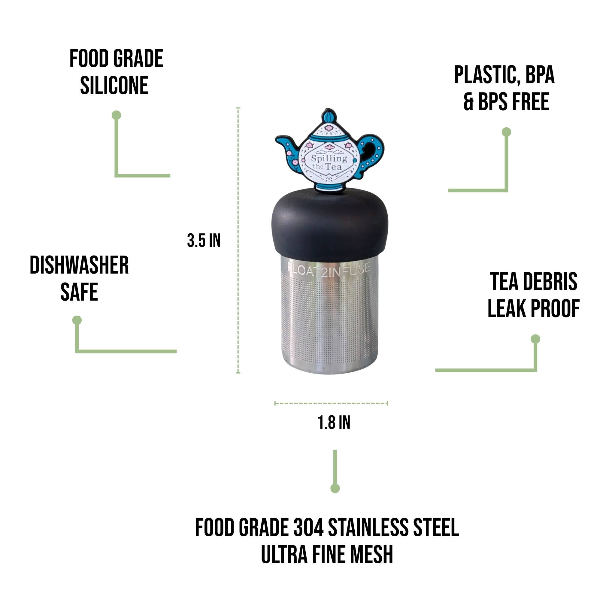 Spilling the Tea floating tea infuser with stainless-steel mesh and silicone top. Cute, reusable, dishwasher-safe steeper for loose-leaf tea lovers.