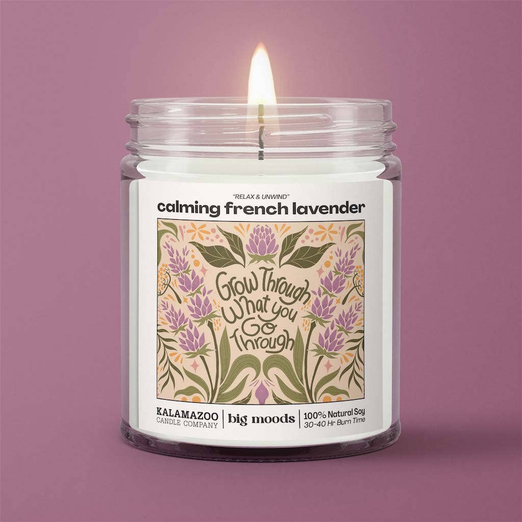 Grow Through What You Go Through: A calming French lavender 5oz soy candle. Vegan, eco-friendly, and hand-poured for 30–40 hours of peaceful aromatherapy.