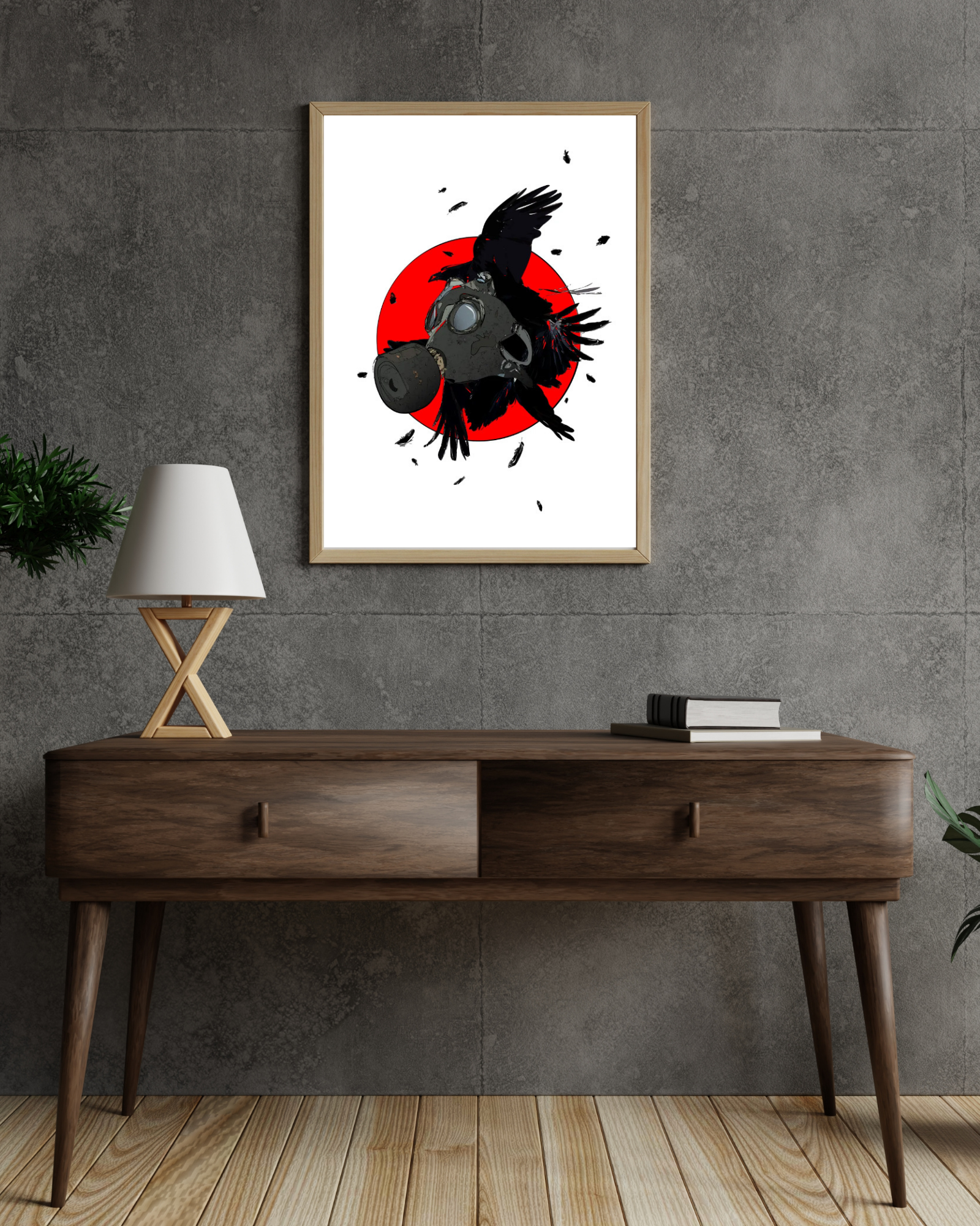 Gas Mask and Feathers (11"x14", $30) is a striking art print featuring a crow with a gas mask against a bold red circle, symbolizing survival and decay. With chaotic movement and dark, dystopian themes, it adds an edgy aesthetic to modern spaces. Pair with a Spider Plant for a balanced contrast of nature and industrialism.