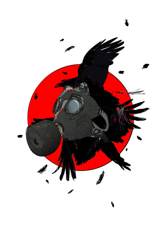 Gas Mask and Feathers (11"x14", $30) is a striking art print featuring a crow with a gas mask against a bold red circle, symbolizing survival and decay. With chaotic movement and dark, dystopian themes, it adds an edgy aesthetic to modern spaces. Pair with a Spider Plant for a balanced contrast of nature and industrialism.
