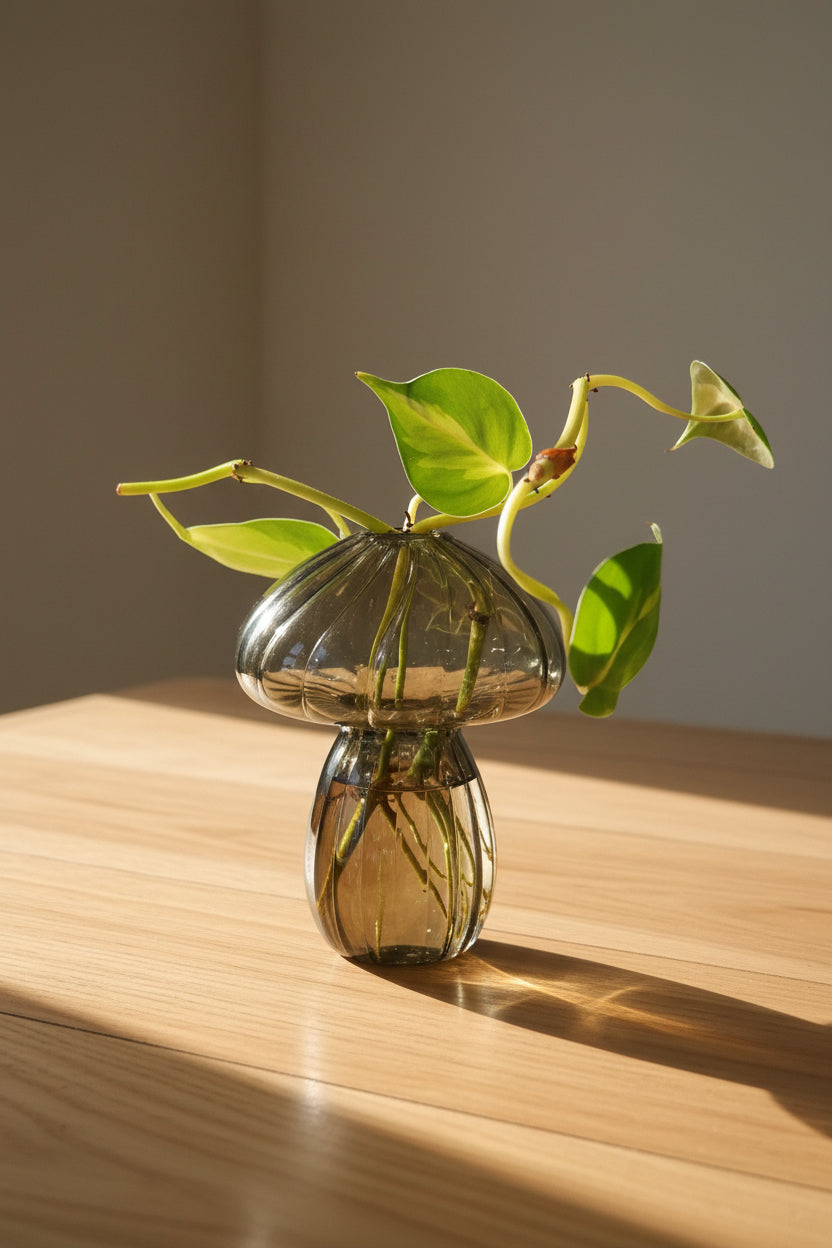 Glass mushroom propagation vase and bud vase perfect for rooting plant cuttings, displaying flowers, and adding whimsical botanical charm.