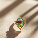 Golden Bloom Adjustable Ring with real dried flowers in resin and 18K gold-plated stainless steel. Unique, hypoallergenic, fits most, and perfect for gifting.