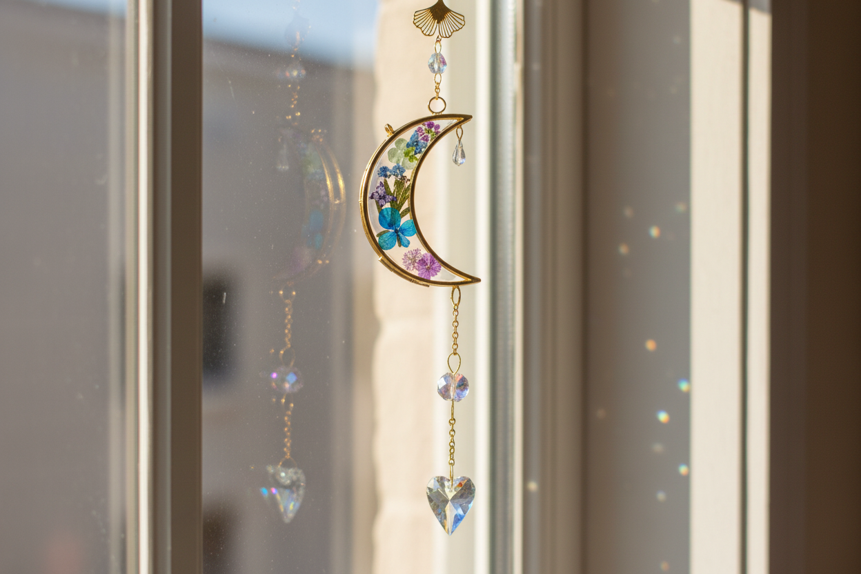 Celestial and delicate, the Golden Moon Floral Suncatcher captures the quiet magic of sunlight and nature in one luminous piece.