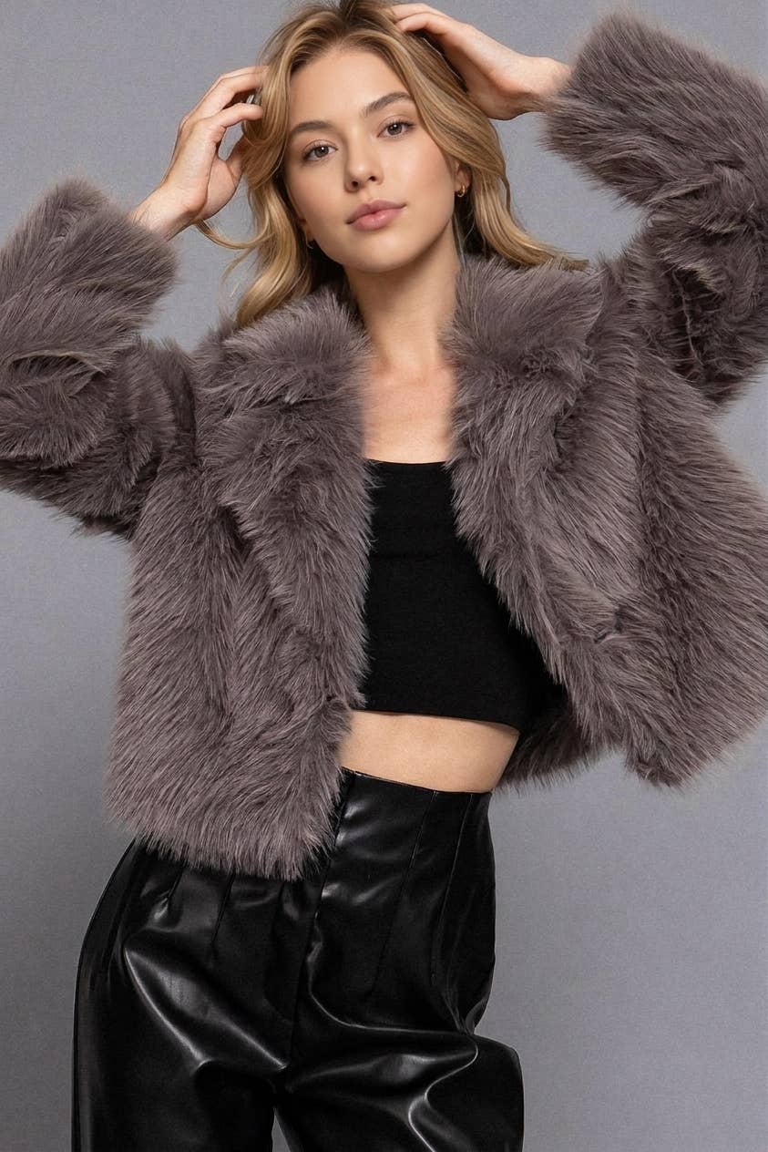 Notched Collar Faux Fur Crop Jacket with plush texture, single-button closure and chic cropped fit. A cozy, stylish layer for casual or evening looks.