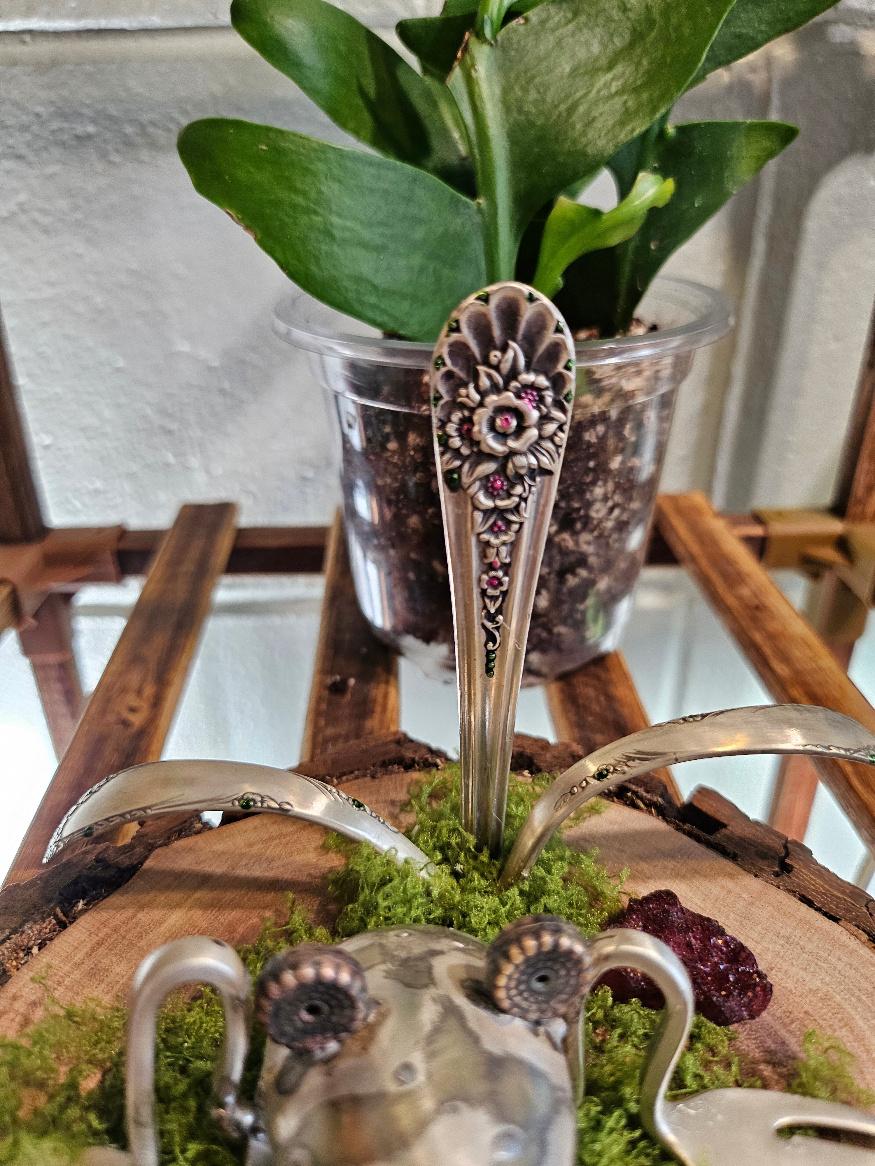 Handcrafted frog sculpture from vintage silverware, set on walnut wood with moss and crystals. A whimsical, one-of-a-kind piece for home or garden décor.