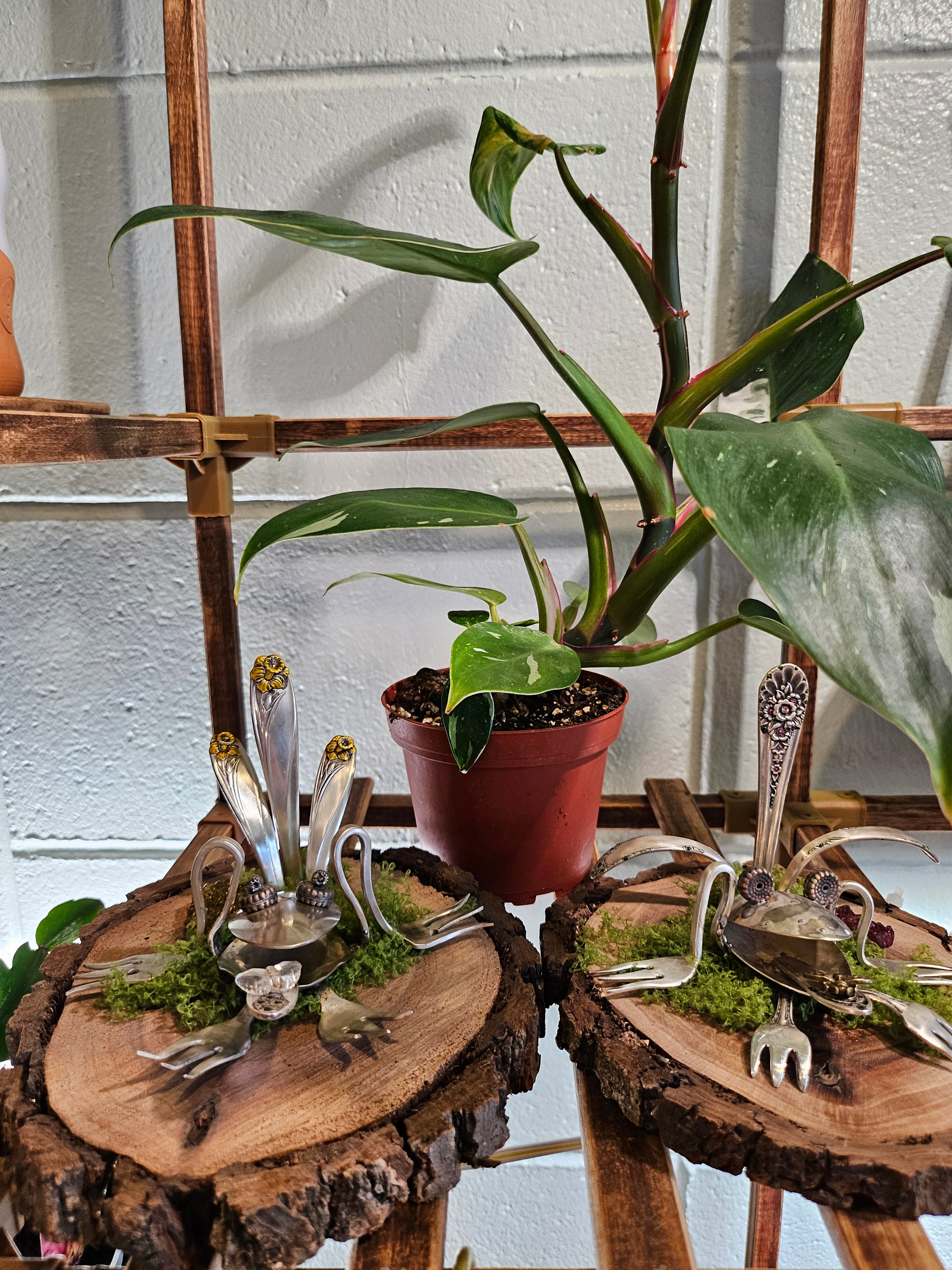 Handcrafted frog sculpture from vintage silverware, set on walnut wood with moss and crystals. A whimsical, one-of-a-kind piece for home or garden décor.