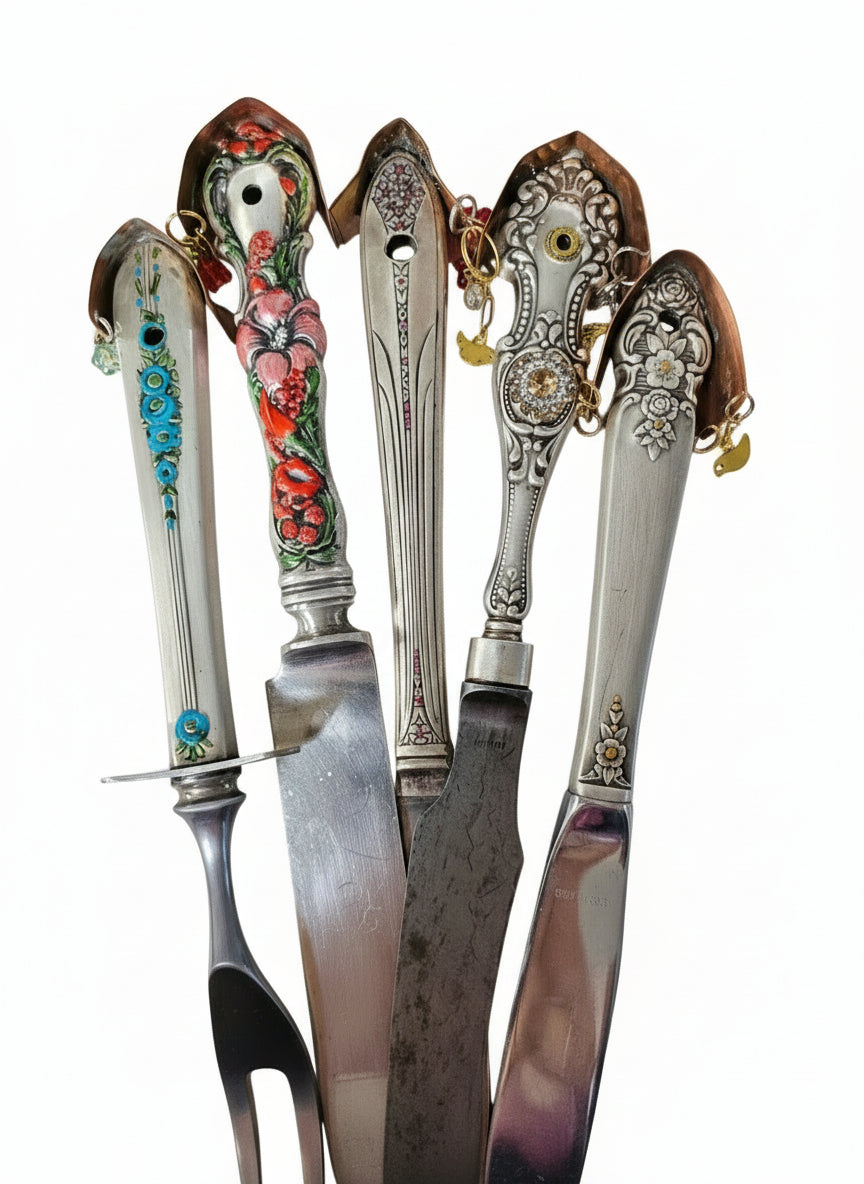 Handcrafted silverware birdhouse plant stake by KStonely. Upcycled, hand-painted, and beaded—whimsical cottagecore décor perfect for adding charm to any plant.