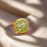 Handmade pressed flower ring with real dried blooms in resin, set in 18K gold-plated. A unique botanical statement ring, size 7, and adjustable elegant and one-of-a-kind.