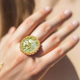 Handmade pressed flower ring with real dried blooms in resin, set in 18K gold-plated. A unique botanical statement ring, size 7, and adjustable elegant and one-of-a-kind.