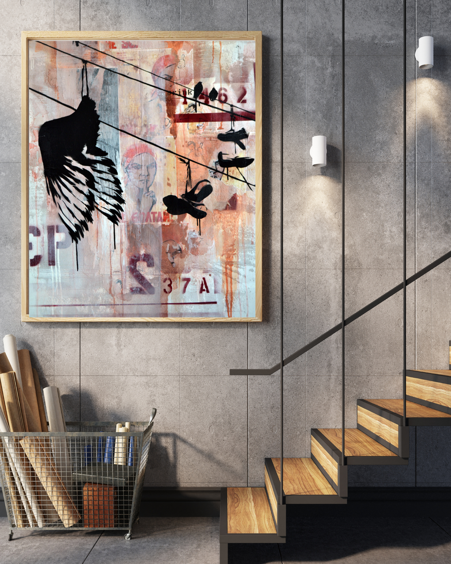 Hugs is a 30"x40" mixed media artwork blending urban street art with powerful symbolism. Featuring shoes hanging from power lines and a lone bird silhouette, it evokes themes of connection and memory. With bold black imagery against a textured background, it&