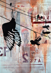 Hugs is a 30"x40" mixed media artwork blending urban street art with powerful symbolism. Featuring shoes hanging from power lines and a lone bird silhouette, it evokes themes of connection and memory. With bold black imagery against a textured background, it&
