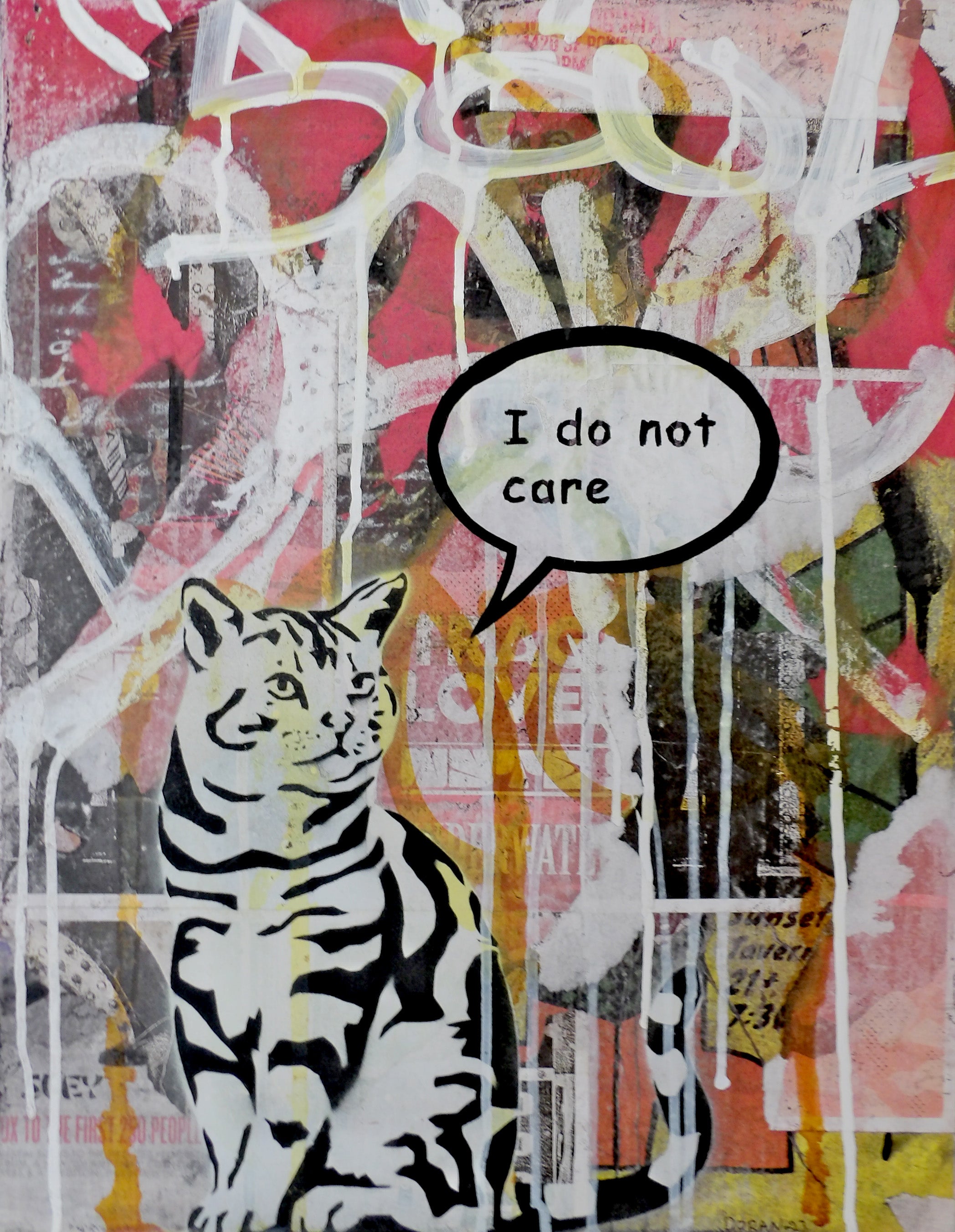 I Do Not Care is a playful 14"x18" mixed media artwork featuring a bold, stenciled cat with a cheeky speech bubble against a vibrant, graffiti-inspired backdrop. With its mix of street art energy and humor, this piece adds an edgy, light-hearted touch to any space. Perfect for urban art lovers, it pairs beautifully with a Spider Plant.