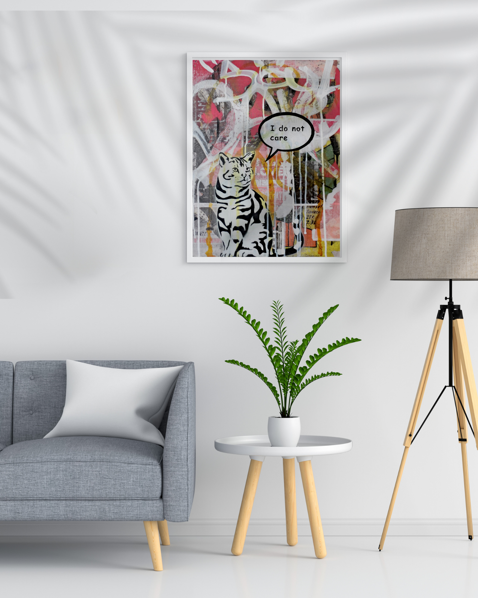 I Do Not Care is a playful 14"x18" mixed media artwork featuring a bold, stenciled cat with a cheeky speech bubble against a vibrant, graffiti-inspired backdrop. With its mix of street art energy and humor, this piece adds an edgy, light-hearted touch to any space. Perfect for urban art lovers, it pairs beautifully with a Spider Plant.