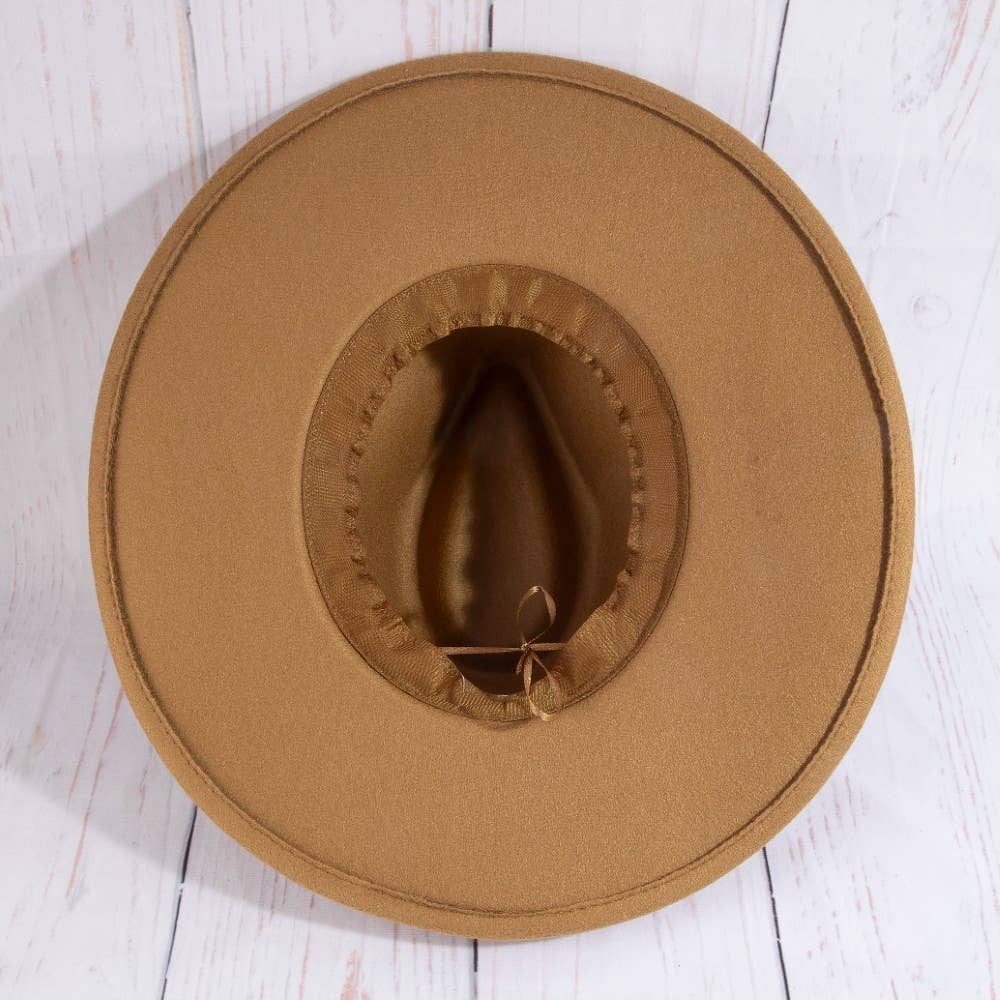 Flat brim fedora hat with herringbone chain detail and structured silhouette. A chic modern accessory perfect for elevated everyday, boho, and western-inspired style.