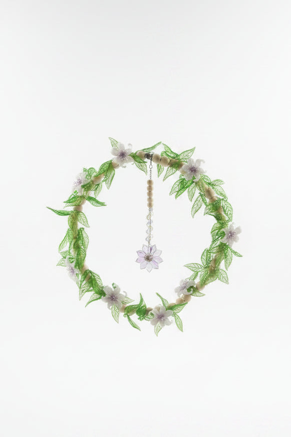 Handmade Botanical Beaded Boho Wreath by KStonely featuring wood beads, glass flowers, crystal accents, and one-of-a-kind botanical artistry.