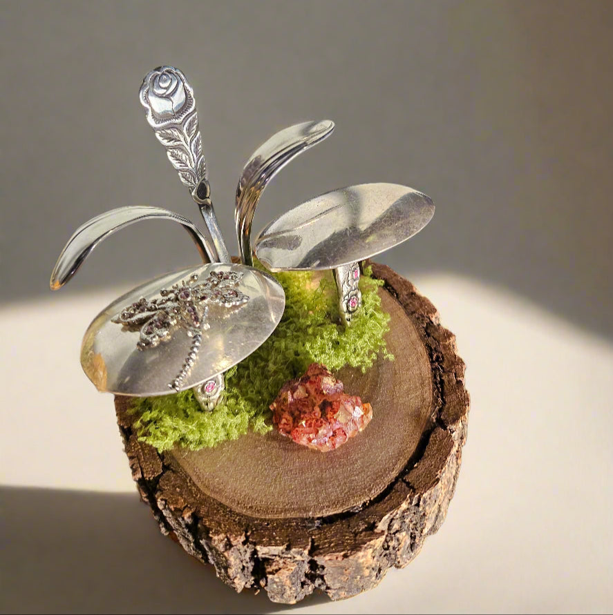 Handcrafted frog sculpture from vintage silverware, set on walnut wood with moss and crystals. A whimsical, one-of-a-kind piece for home or garden décor.