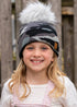 Kids grey camo knit hat with faux fur pom—cozy, durable, and playful. Perfect for autumn & winter adventures, keeping little ones warm in style.