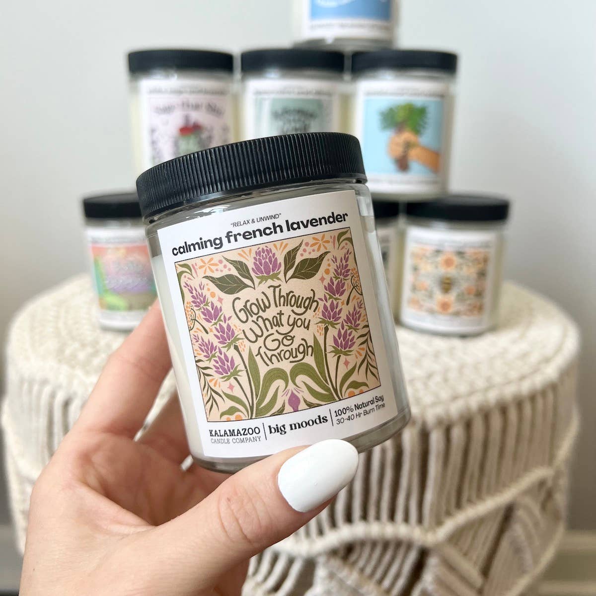 Grow Through What You Go Through: A calming French lavender 5oz soy candle. Vegan, eco-friendly, and hand-poured for 30–40 hours of peaceful aromatherapy.