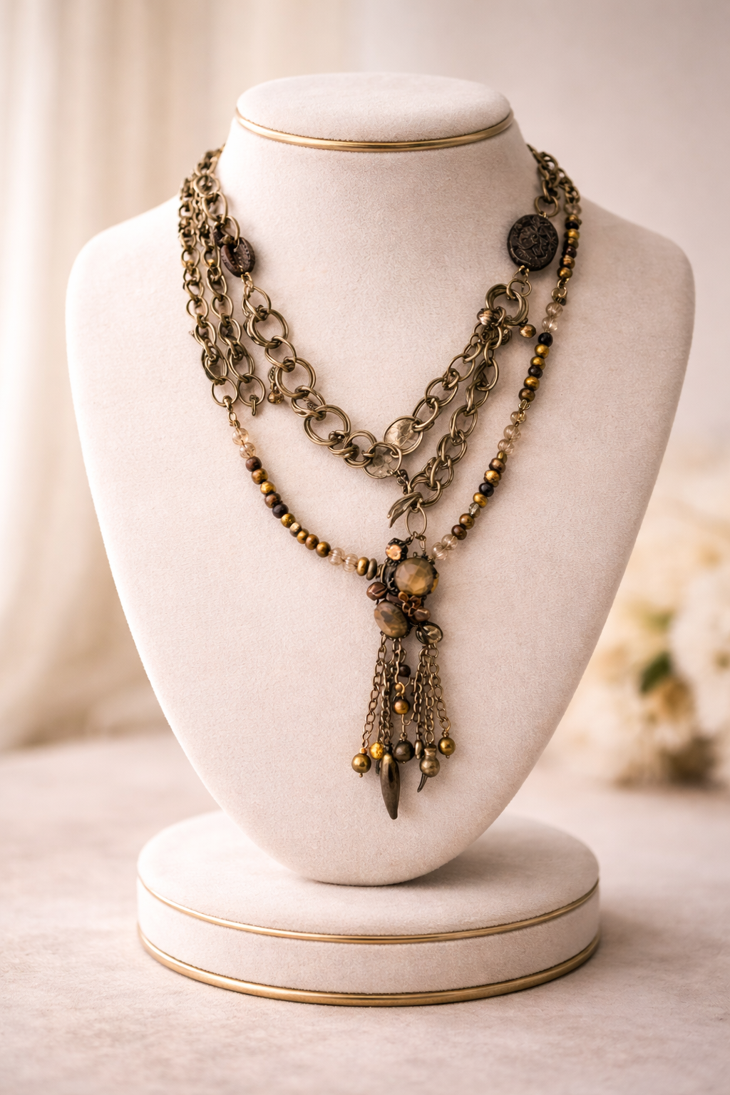 Layered antique-style chains with earthy beads and a charm tassel. The Nomad Layer Necklace is a soulful, wander-inspired statement.