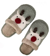 Soft plush cozy slippers in whimsical Mushroom or festive Reindeer style. Made with 66% cotton, 32% polyester & 2% spandex for warm, comfy all-day wear.