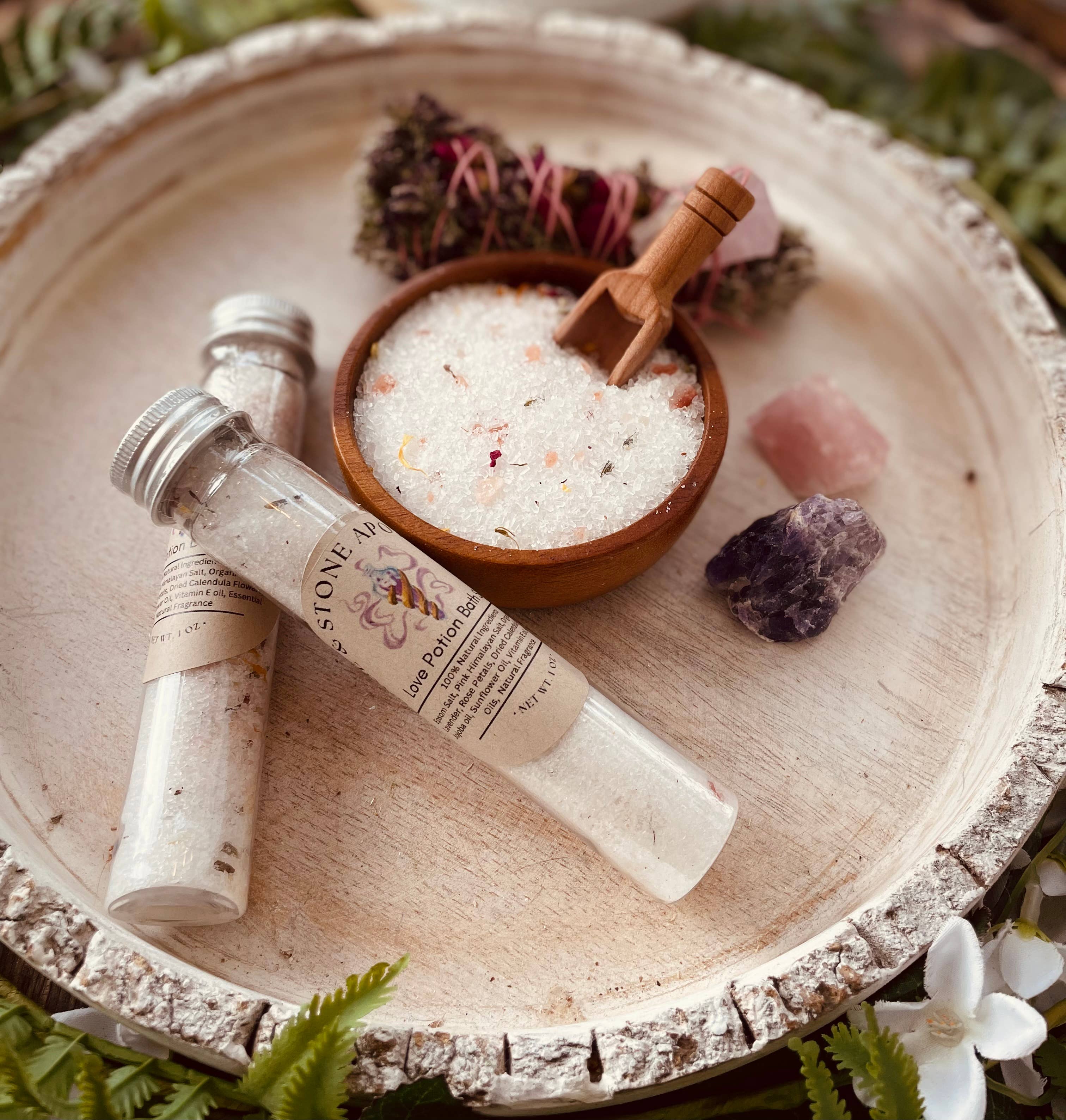 Love Potion Herbal Bath Salts with Epsom & Himalayan salts, rose petals, lavender & calendula. A romantic, soothing soak infused with oils for self-care.