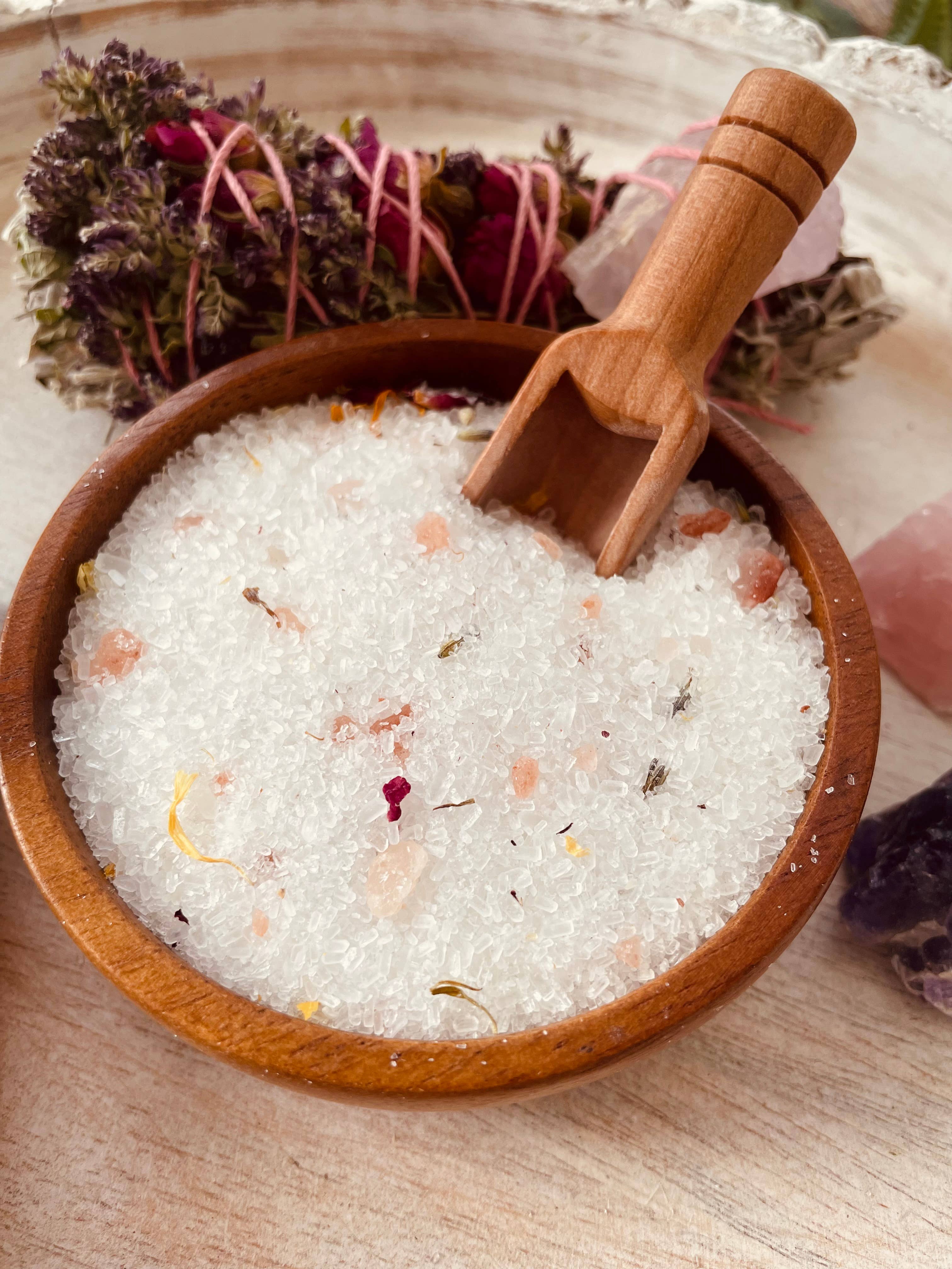 Love Potion Herbal Bath Salts with Epsom & Himalayan salts, rose petals, lavender & calendula. A romantic, soothing soak infused with oils for self-care.