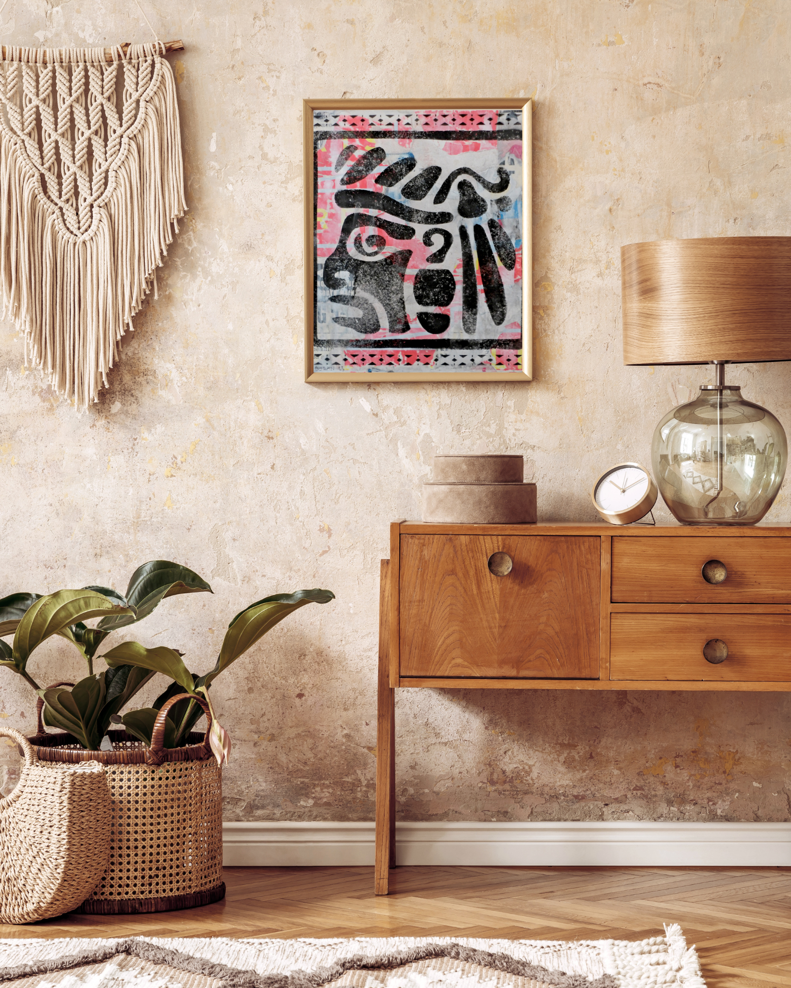 Mayan Chief is a striking 12"x12" mixed media artwork combining ancient Mayan symbolism with modern street art. Featuring a bold portrait of a Mayan ruler set against a textured urban backdrop, it bridges history and contemporary design. Perfect for modern spaces, pair it with a Majesty Palm for a lush, balanced aesthetic.