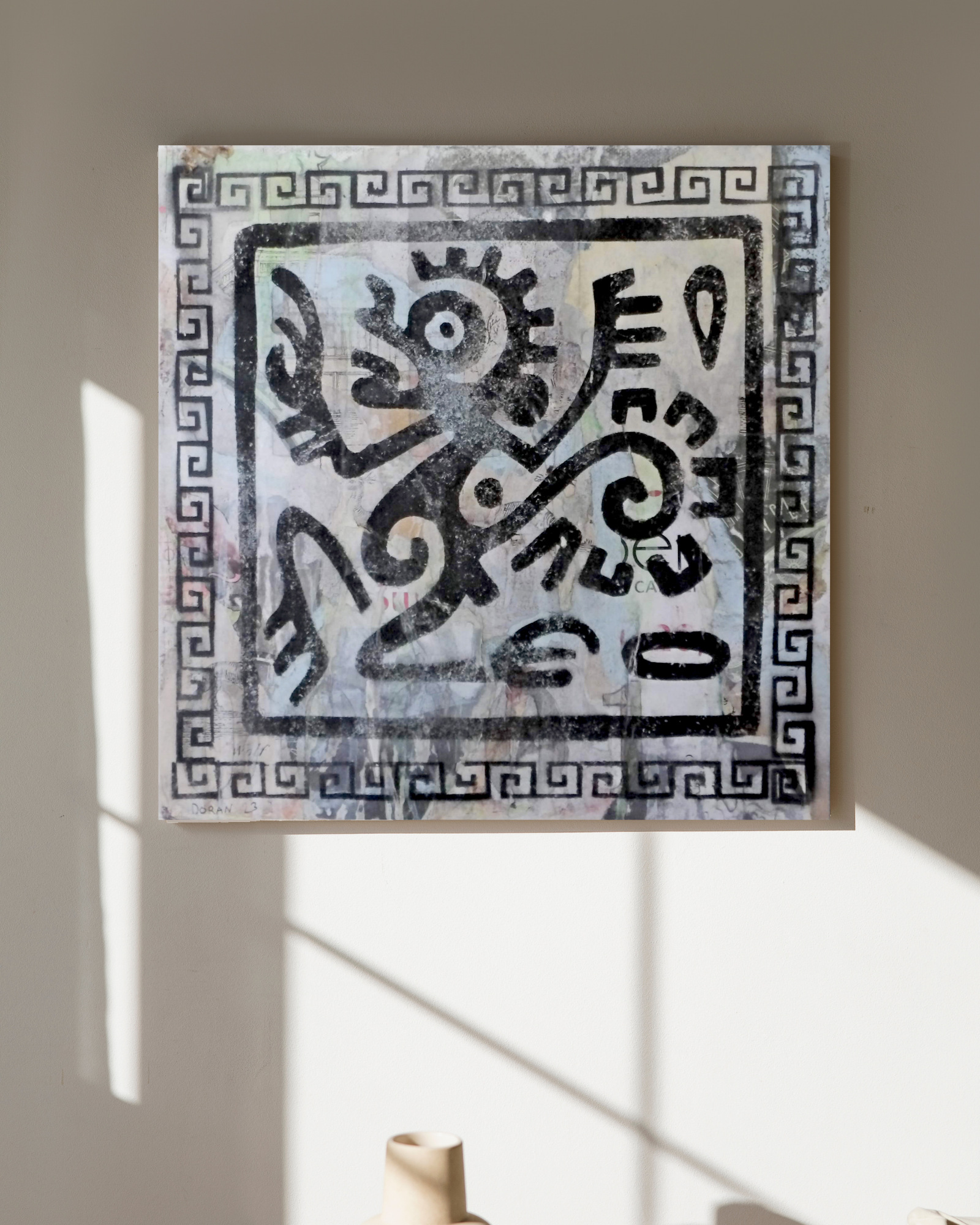 “Mayan Monkey” is a bold 12"x12" mixed media artwork blending Mayan mythology with modern street art. Featuring a playful monkey surrounded by geometric borders, it evokes creativity and ancient symbolism. Perfect for contemporary spaces, this piece adds a dynamic touch of history and urban energy to your decor.
