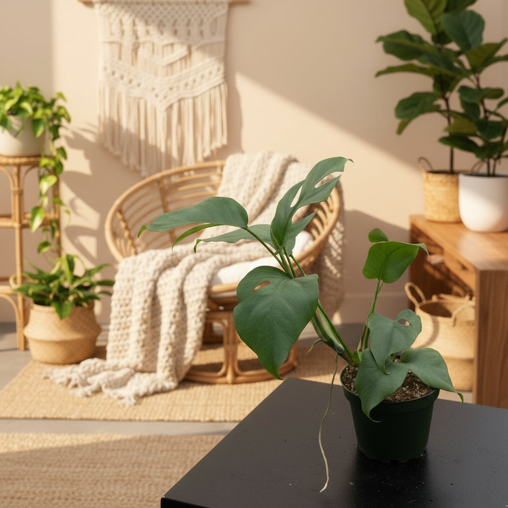 The Mini Monstera (Rhaphidophora tetrasperma), also called Monstera Minima, is a compact tropical plant with fenestrated leaves similar to a Monstera but smaller in size. Perfect for small spaces, it thrives with a trellis or pole for climbing. Easy to care for and fast-growing, it adds lush greenery and texture to any room, making it ideal for plant lovers of all levels.